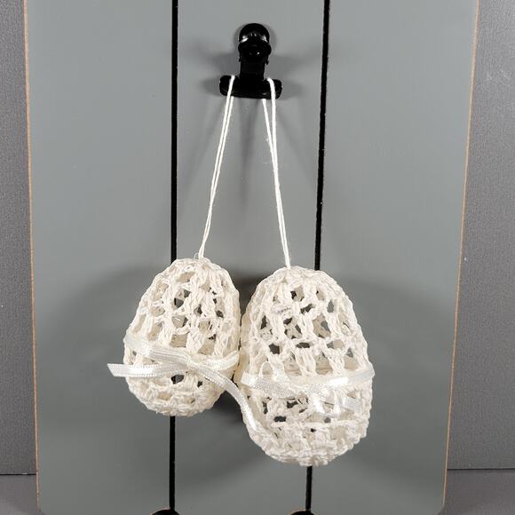 Set of 2 Eggs White Handmade Crochet Hanging Lace Ornaments with Ribbon Bows - Picture 4 of 10